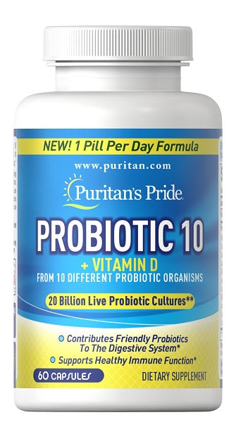 Puritan's Pride Probiotico 10 più Vitamina D3 1000 UI 60 capsule con supporto immunitario.