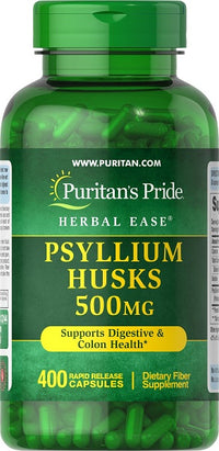 Anteprima per Promuovi la salute dell'apparato digerente con Puritan's Pride Psyllium Husks 500 mg 400 Rapid Release Capsules, una fonte di fibra solubile per una salute ottimale del colon.