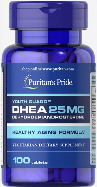 Un flacone di Puritan's Pride DHEA - 25 mg 100 compresse.