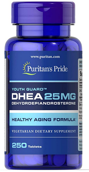 Un flacone di Puritan's Pride DHEA - 25 mg 250 compresse.
