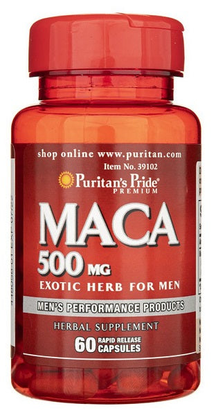 Un flacone di Puritan's Pride Maca 500 mg 60 capsule a rilascio rapido per uomo.