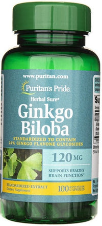 Un flacone di estratto di Ginkgo Biloba 24% 120 mg 100 capsule da Puritan's Pride.