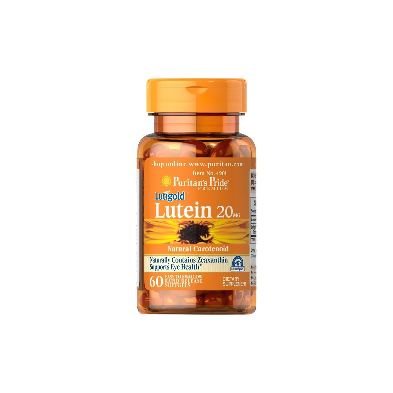 Un flacone di Puritan's Pride Luteina 20 mg con Zeaxantina 60 Softgel con uno sfondo bianco.