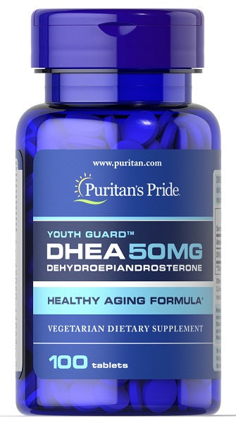 Un flacone di Puritan's Pride DHEA - 50 mg 100 compresse.