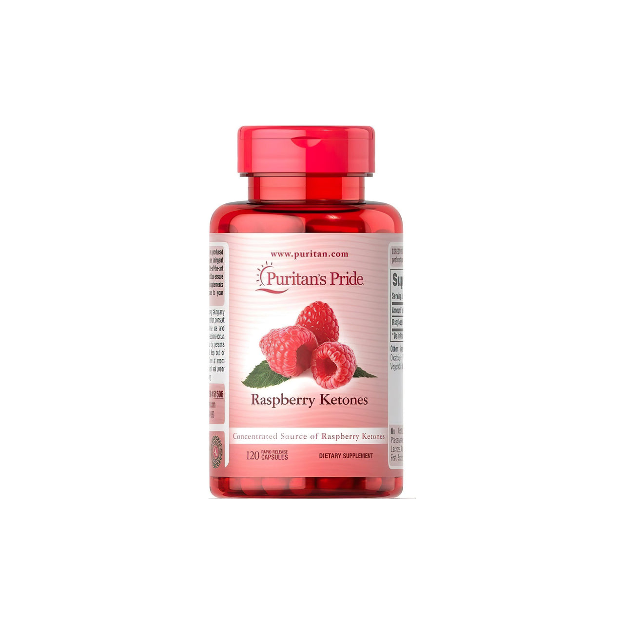 Un flacone di Raspberry Ketones ricco di antiossidanti da 100 mg 120 capsule Rapid Realase del marchio Puritan's Pride.