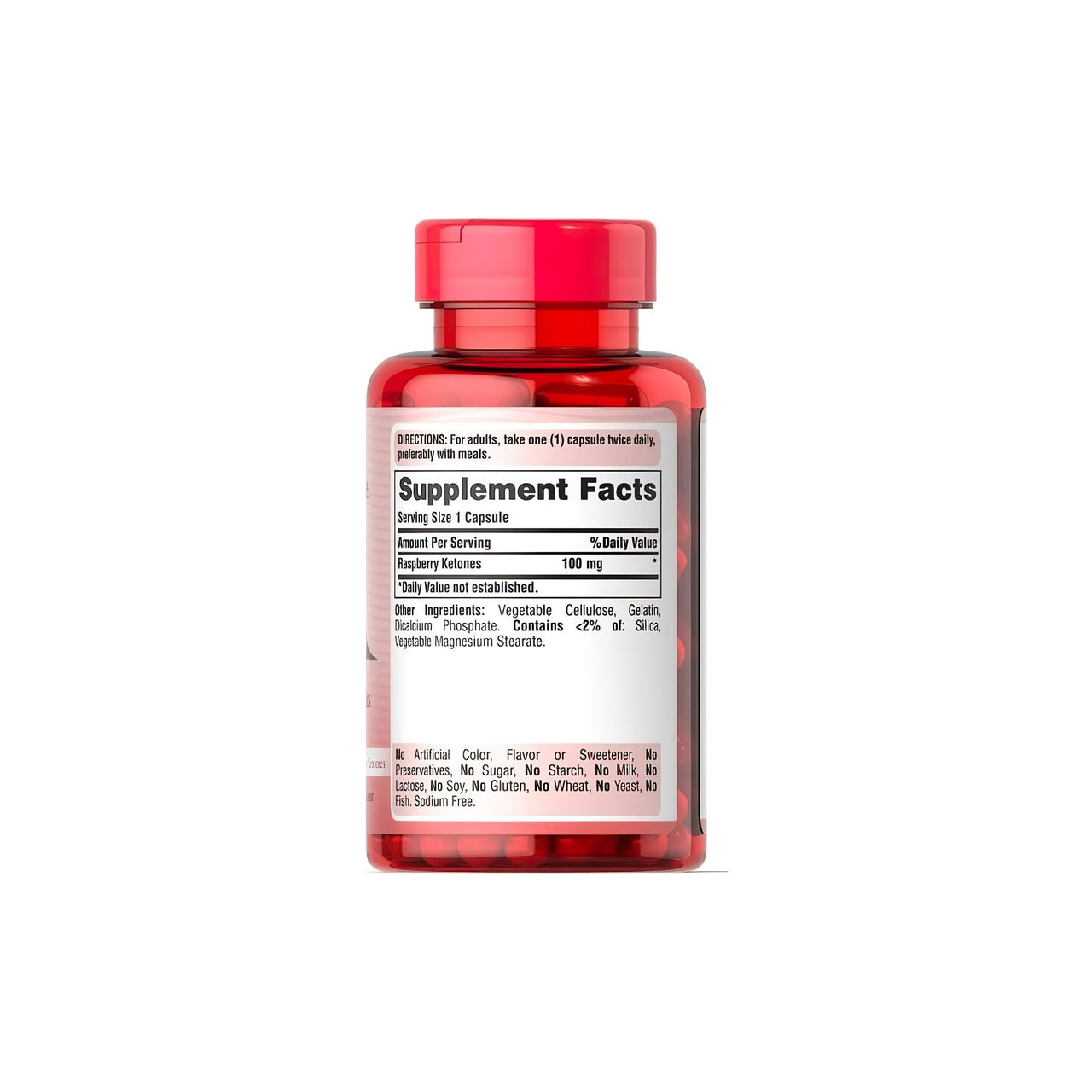 Una bottiglia di Puritan's Pride Raspberry Ketones 100 mg 120 capsule Rapid Realase su uno sfondo bianco.