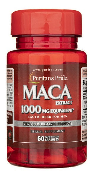 Un flacone di Puritan's Pride Maca 1000 mg 60 capsule a rilascio rapido.