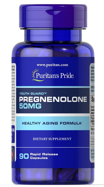 Un flacone di Puritan's Pride pregnenolone 50 mg 90 capsule a rilascio rapido, progettato per un regime di invecchiamento sano.