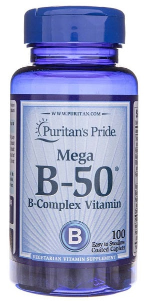 A bottle of Puritan's Pride Vitamin B-50 Complex 100 Coated Caplets for mental and cardiovascular health.