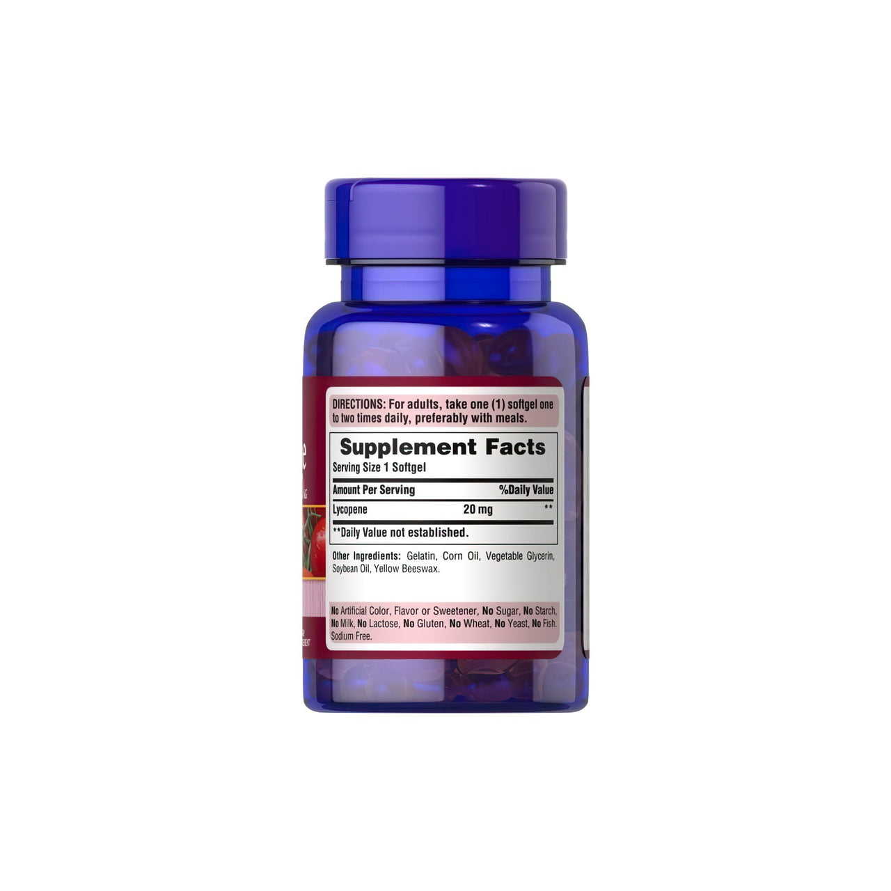 Un flacone di Licopene 20 mg 60 Rapid Release Softgels di Puritan's Pride su uno sfondo bianco.