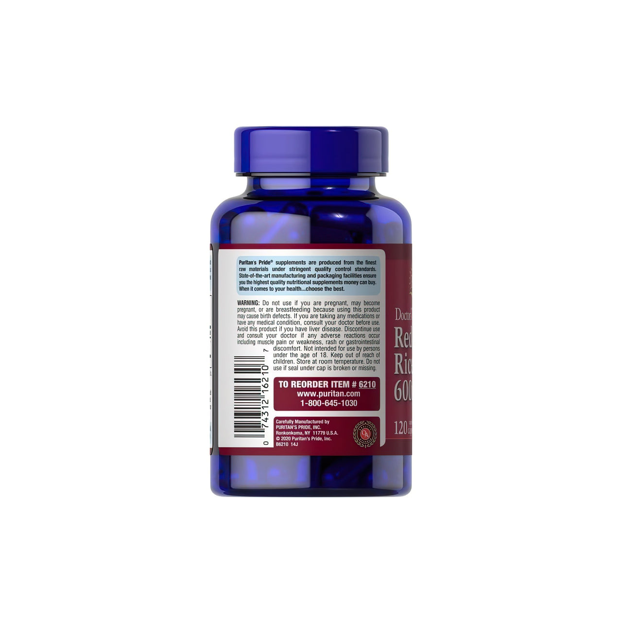 Il retro del flacone di Puritan's Pride Red Yeast Rice 600 mg 120 capsule promuove la salute cardiovascolare e livelli di colesterolo sani grazie al lievito di riso rosso.