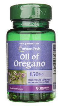 Un flacone di Puritan's Pride Olio di Origano 150 mg 90 Capsule Morbide a Rilascio Rapido che rafforza le difese immunitarie.