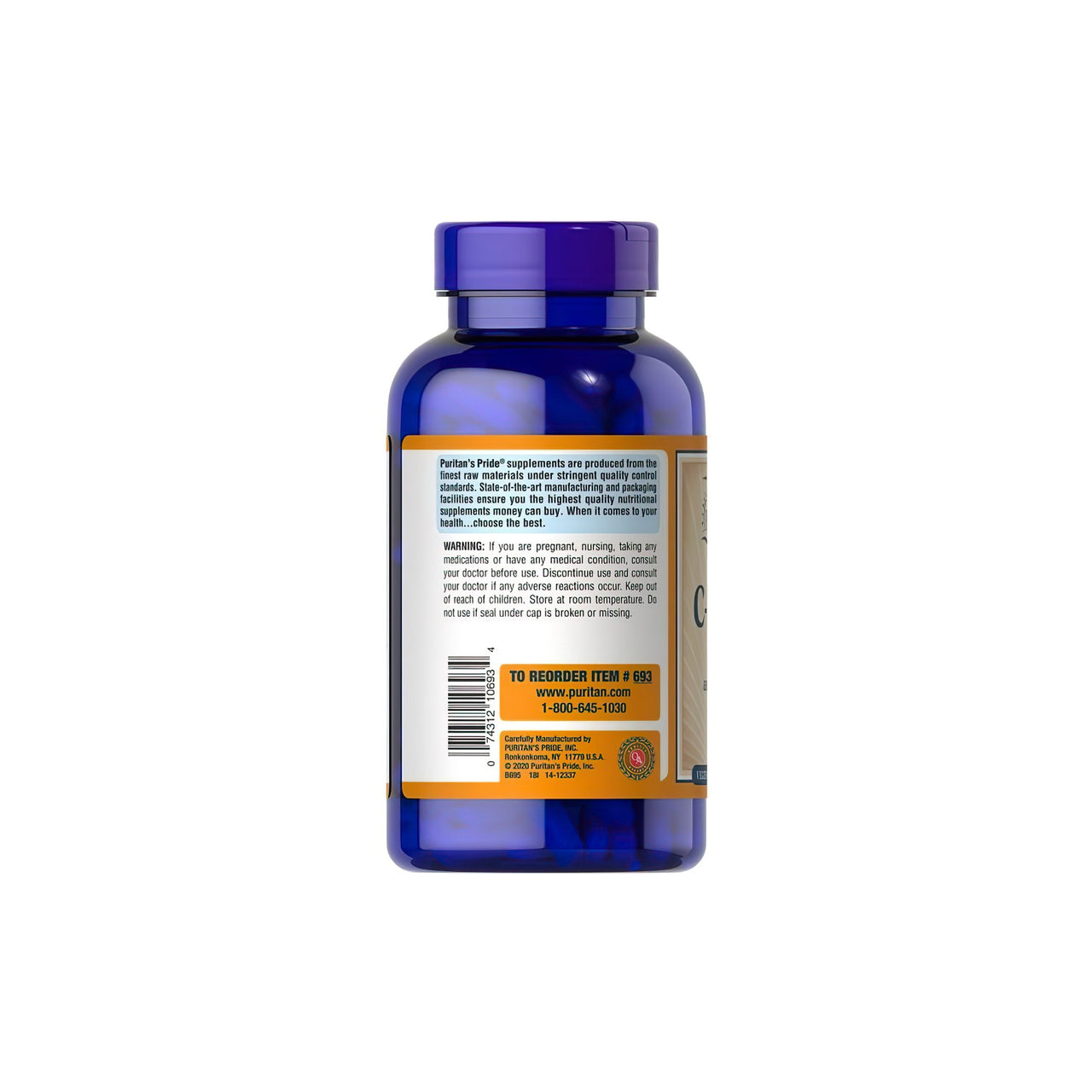 Un flacone di Puritan's Pride Vitamin C-1000 mg with Bioflavonoids & Rose Hips 250 Caplets su uno sfondo bianco.