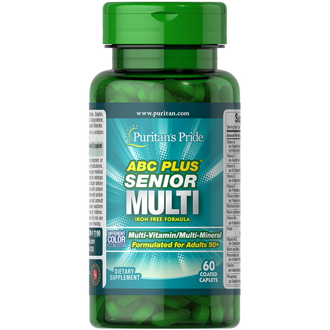 Puritan's Pride ABC Plus Senior Multi 60 Coated Caplets is an iron-free dietary supplement for adults 50+, providing key nutrients to support the immune system, in a green bottle.