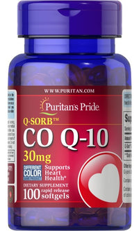 Thumbnail for Puritan's Pride offre Q-SORB™ Co Q-10 30 mg 100 softgels a rilascio rapido, un integratore che supporta la resistenza e i livelli di energia.