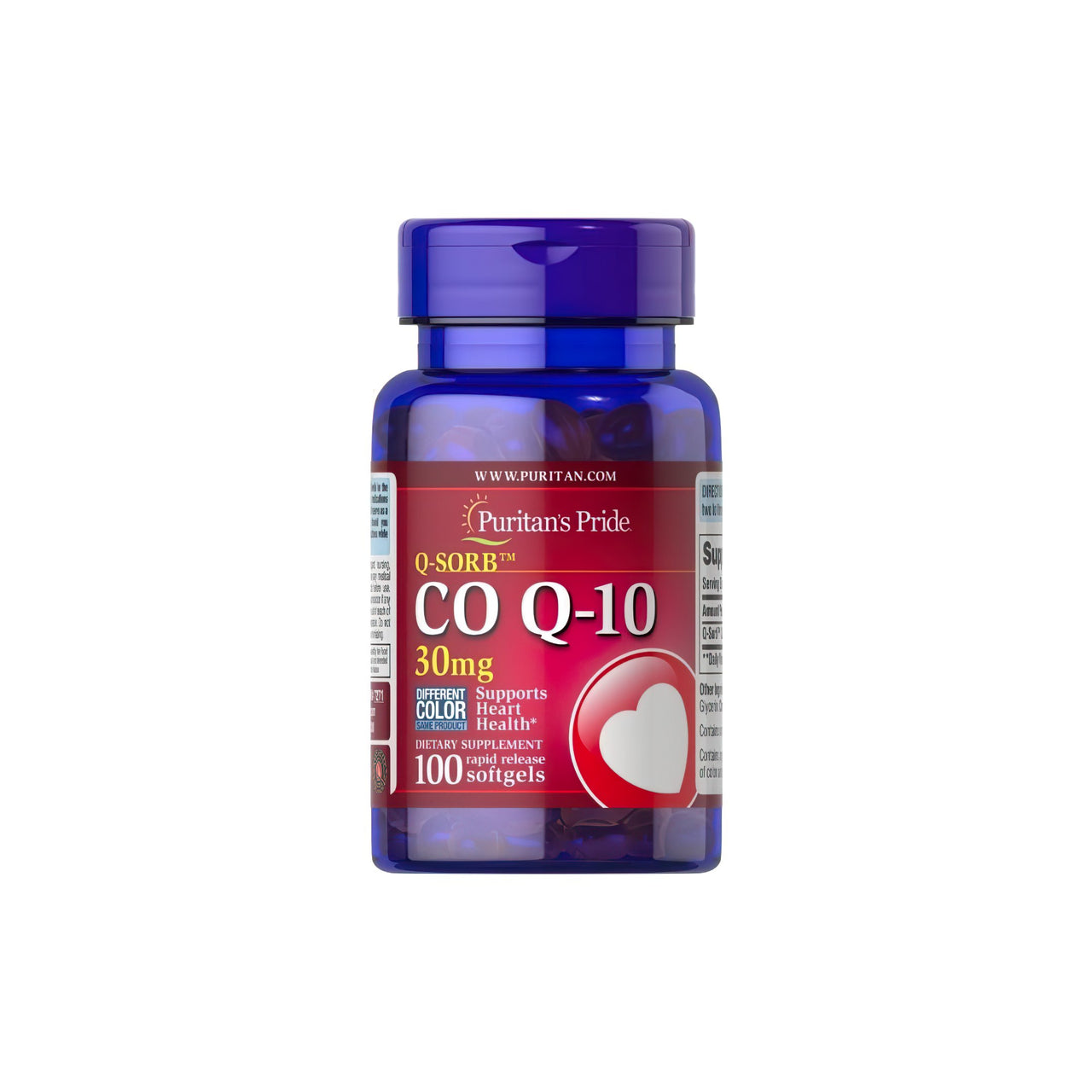 Un flacone di Puritan's Pride Q-SORB™ Co Q-10 30 mg 100 softgel a rilascio rapido con un cuore, noto per aumentare la resistenza e i livelli di energia.