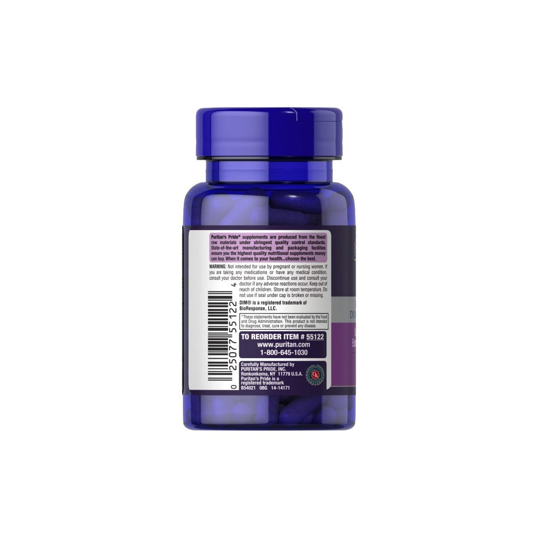 Blue bottle of Puritan's Pride DIM Complex 100 mg 60 Capsules for estrogen metabolism with a label containing product information and a barcode.