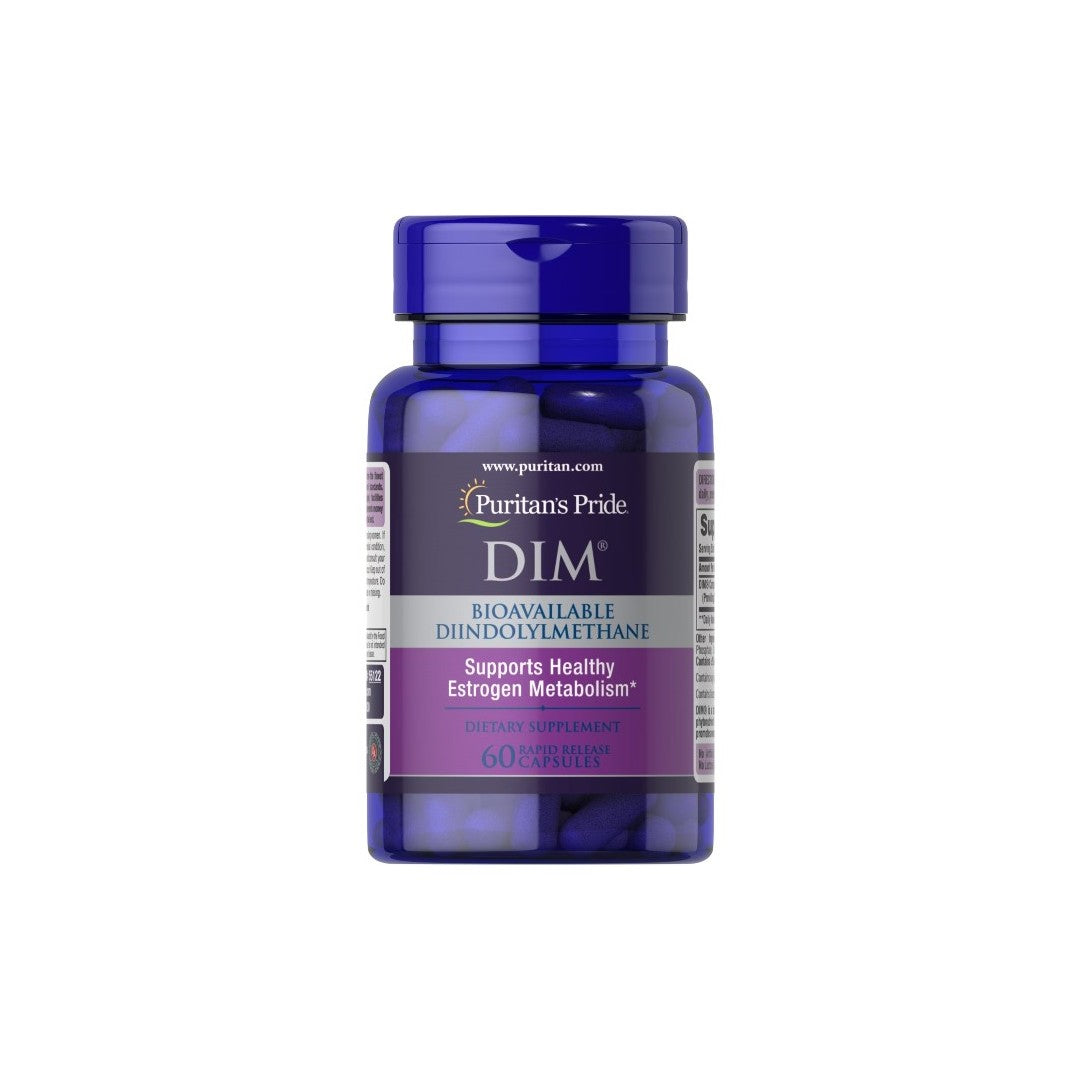 Puritan's Pride DIM Complex 100 mg supplement bottle with 60 capsules for hormonal balance.