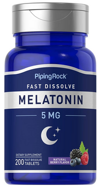 Miniatura per un flacone di PipingRock Melatonina 5 mg 200 Compresse a Dissoluzione Rapida al gusto di frutti di bosco.