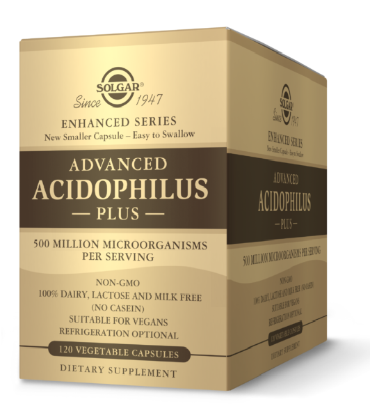 Una confezione di Solgar Advanced Acidophilus Plus 120 capsule vegetali.