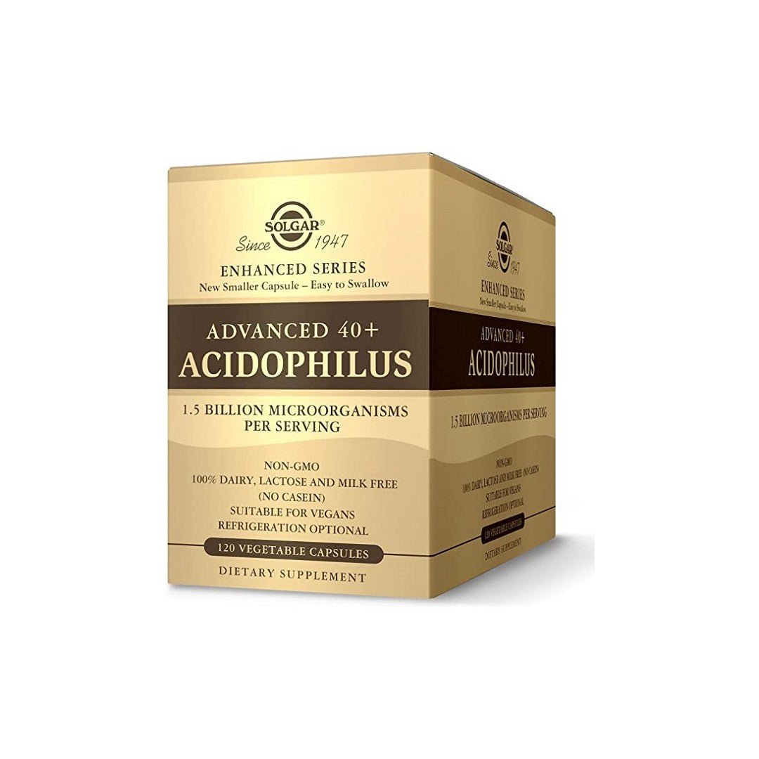 Una confezione di Solgar Advanced 40+ Acidophilus 120 capsule vegetali.