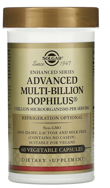 Un barattolo di Solgar's Advanced Multi-Billion Dophilus 60 Capsule Vegetali.