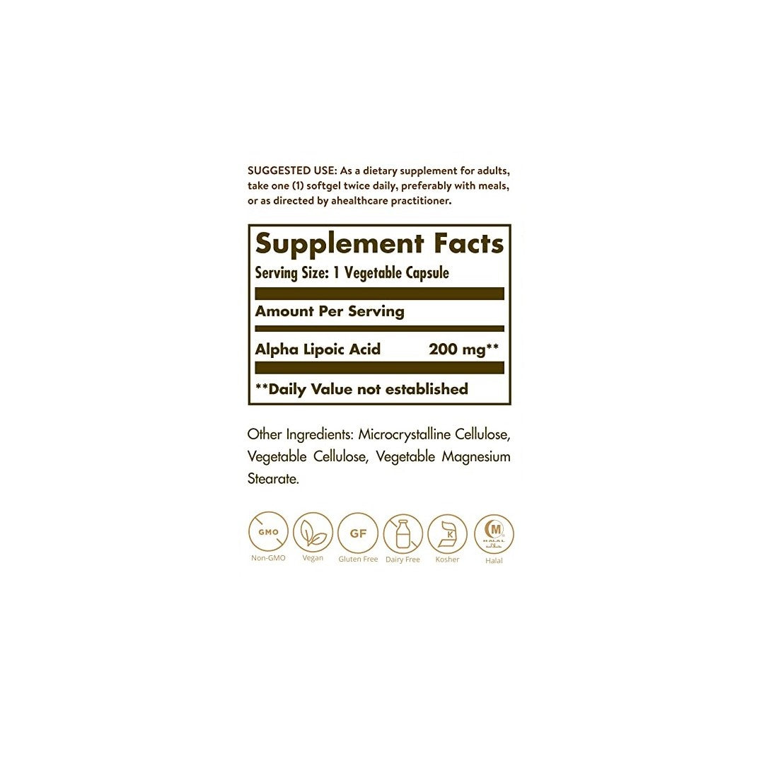 Un'etichetta che mostra gli ingredienti dell'integratore Solgar Acido alfa lipoico 200 mg 50 capsule vegetali.