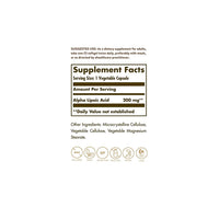 Miniatura di un'etichetta che mostra gli ingredienti dell'integratore Solgar Acido alfa lipoico 200 mg 50 capsule vegetali.