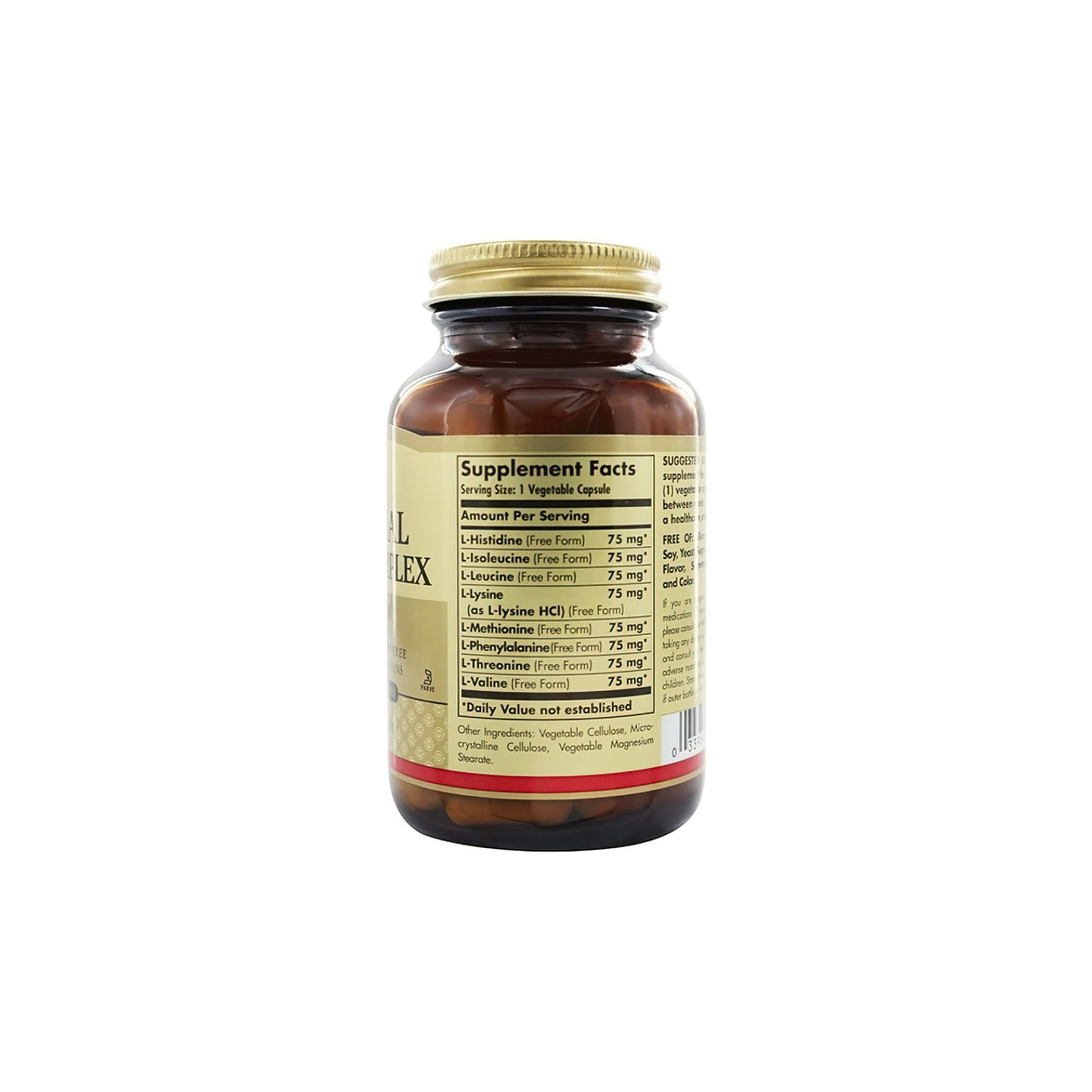 Flacone di Solgar Essential Amino Complex 60 capsule vegetali su sfondo bianco.