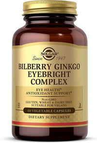Un flacone di integratore alimentare contenente 60 capsule vegetali di Bilberry Ginkgo Eyebright Complex Plus Lutein di Solgar.