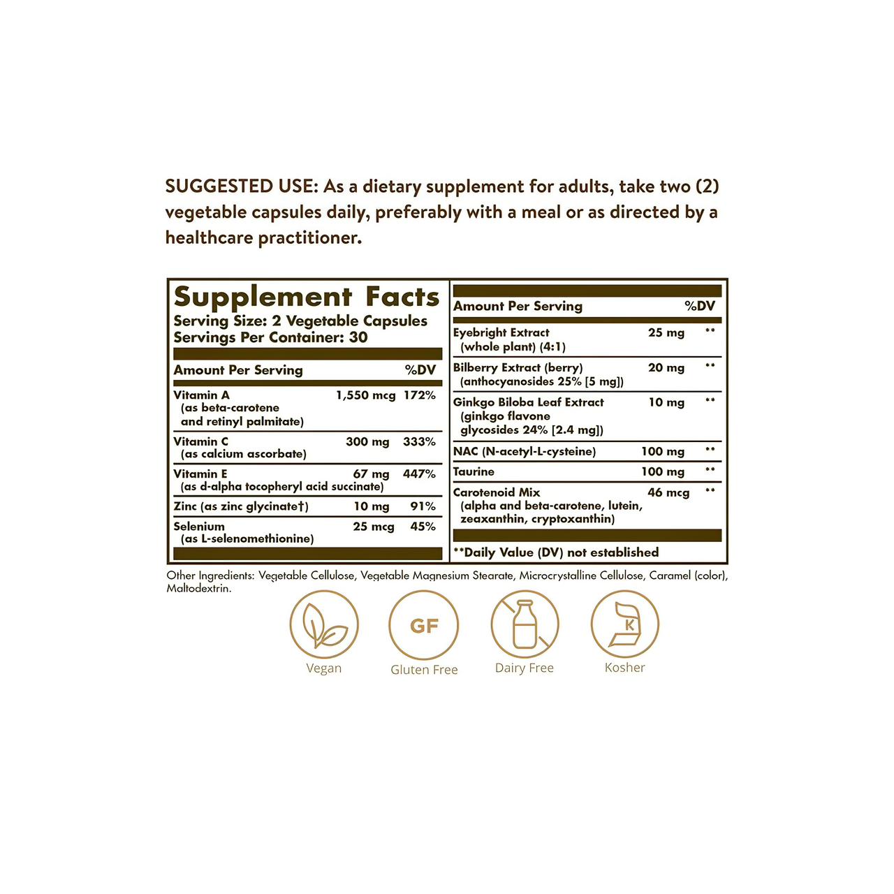 Un'etichetta che riporta gli ingredienti dell'integratore alimentare Solgar, Bilberry Ginkgo Eyebright Complex Plus Lutein, in 60 capsule vegetali.