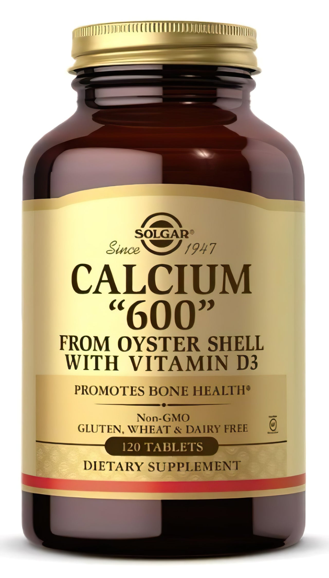 Un flacone di Solgar's Calcium "600" 120 compresse (da guscio d'ostrica con vitamina D3) da guscio d'ostrica.