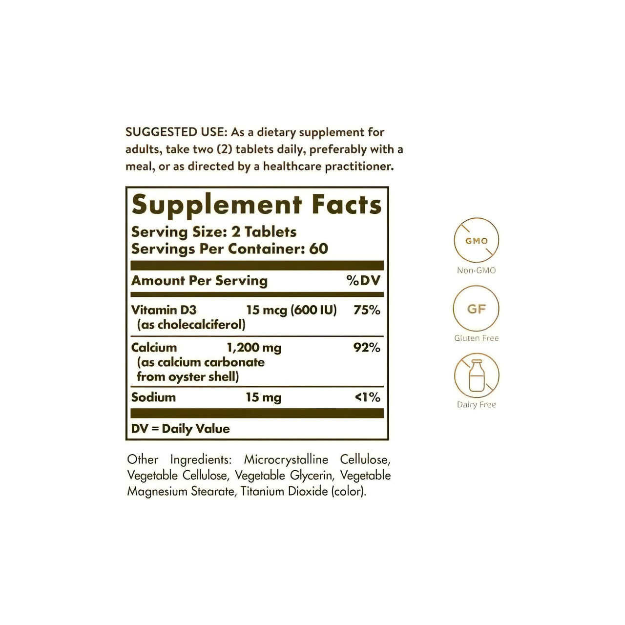 L'etichetta dell'integratore Solgar Calcium "600" 120 compresse (da guscio d'ostrica con vitamina D3) con l'elenco degli ingredienti.