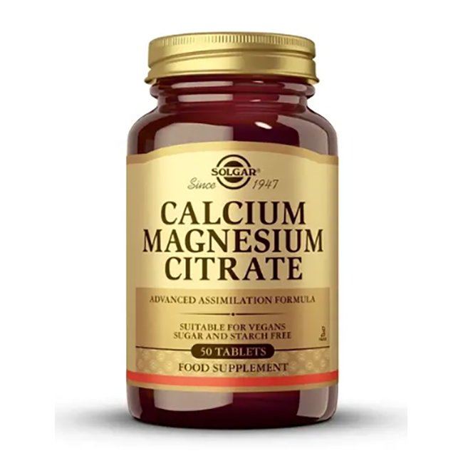 A bottle of Solgar's Calcium Magnesium Citrate 50 Tablets, labeled as a food supplement suitable for vegans, contains key minerals to support healthy bones.