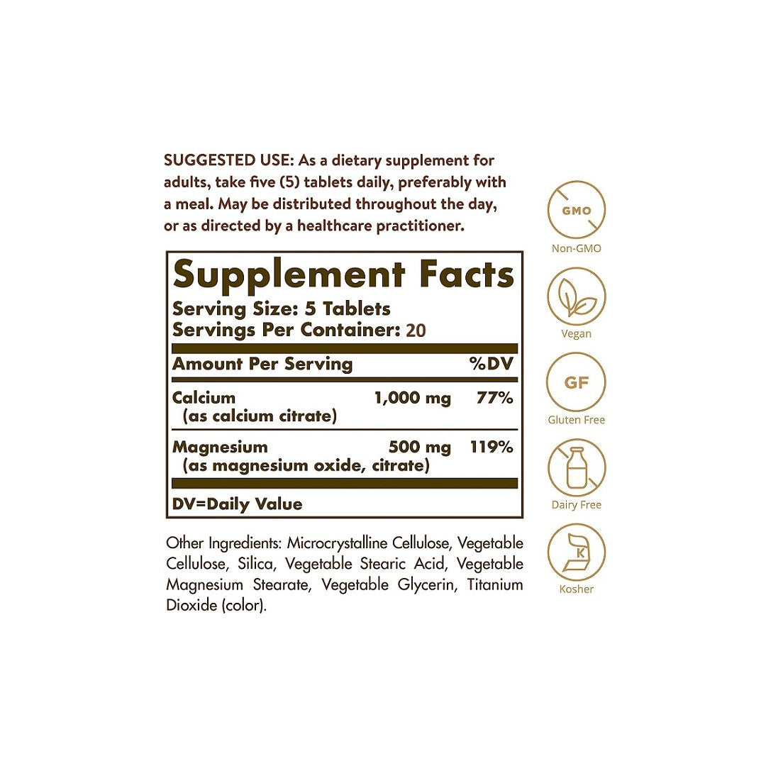 Un'etichetta che riporta gli ingredienti dell'integratore alimentare Solgar Calcium Magnesium Citrate 100 Tablets.