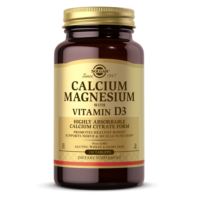 A bottle of Solgar's Calcium Magnesium with Vitamin D3, holding 150 tablets and featuring a brown design, is promoted as a non-GMO dietary supplement that is free from gluten, wheat, and dairy.