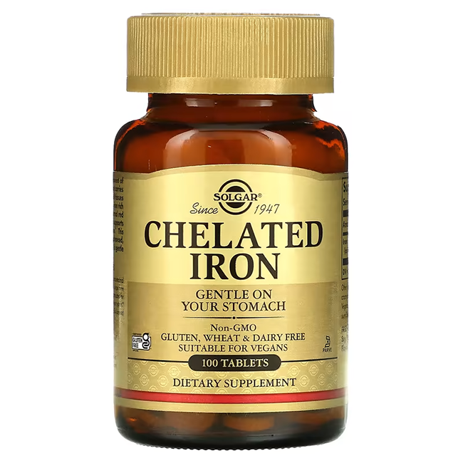 A bottle of Solgar Chelated Iron 25 mg containing 100 tablets is a dietary supplement that is non-GMO, free from gluten, wheat, and dairy, and is suitable for vegans. It supports energy production and oxygen transport while being gentle on your stomach.