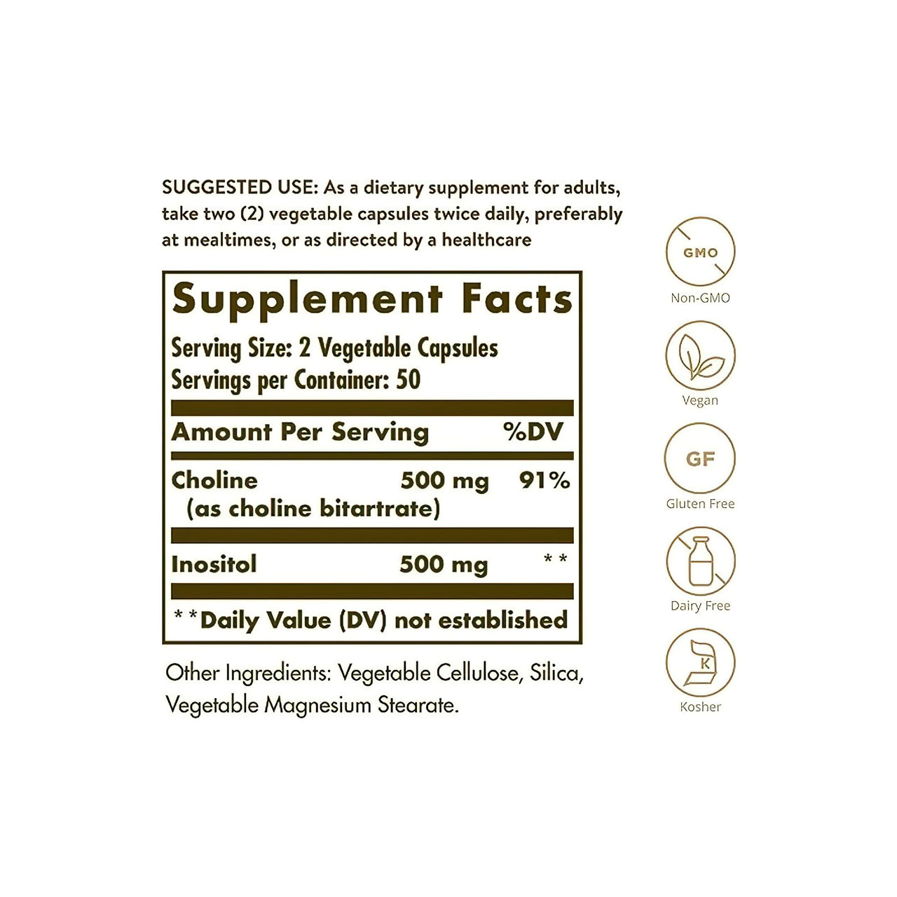 Un'etichetta che mostra gli ingredienti dell'integratore Solgar's Choline 500 mg Inositol 500 mg 100 Vegetable Capsules.