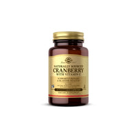 Miniatura del flacone di A Solgar Natural Cranberry with Vitamin C 60 Vegetable Capsules che promuove la salute del tratto urinario e l'immunità su uno sfondo bianco.