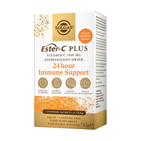 Thumbnail for Box of Solgar Ester-C Plus, featuring Vitamin C 1000 mg effervescent powder sachets with B vitamins in natural orange flavor. These 7 sachets are designed to support immune system health, energy release, brain function, and overall daily wellbeing.