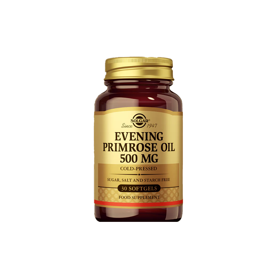 Solgar's Evening Primrose Oil 500 mg, a bottle of 30 softgels containing gamma-linolenic acid (GLA), is labeled as cold-pressed and free from sugar, salt, and starch to support hormone balance.