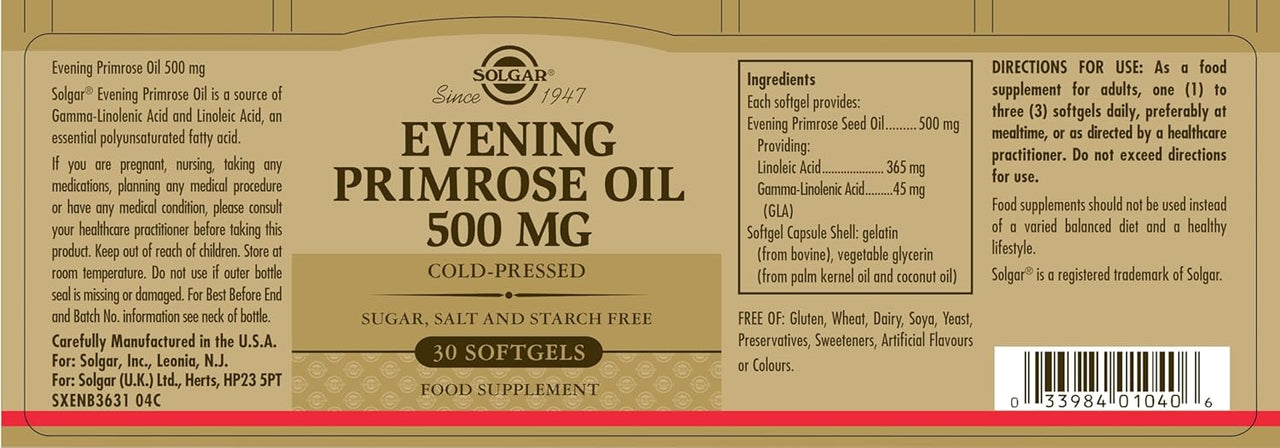 Label of Solgar's Evening Primrose Oil 500 mg, detailing the contents, usage instructions, ingredients, and dietary benefits related to hormone balance. This product includes 30 softgels enriched with gamma-linolenic acid (GLA) and is proudly made in the USA.