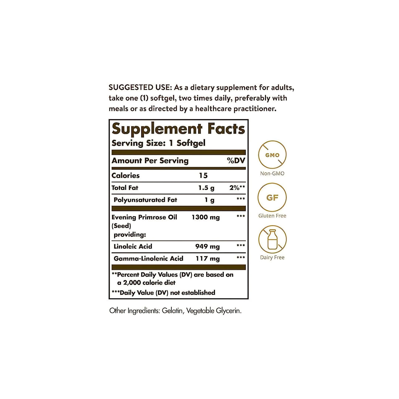 Un'etichetta che mostra gli ingredienti dell'integratore Solgar's Evening Primrose Oil 1300 mg 60 Softgels.
