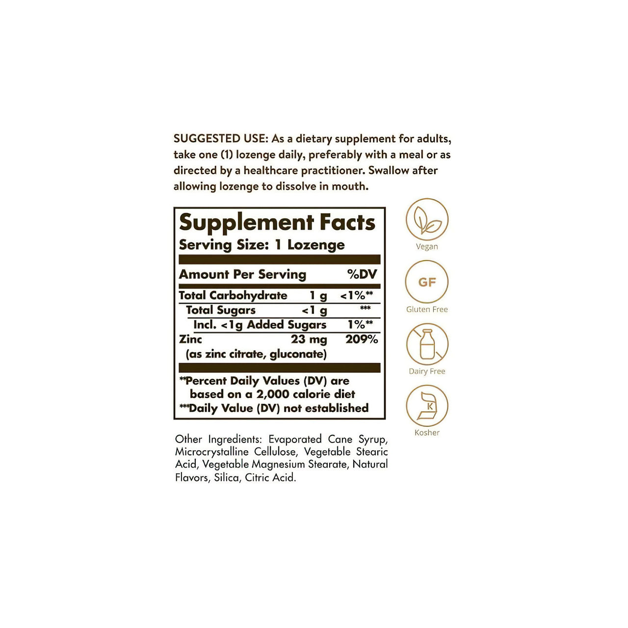 Un'etichetta che mostra il contenuto di un integratore Solgar Flavo-Zinc 23 mg 50 pastiglie.