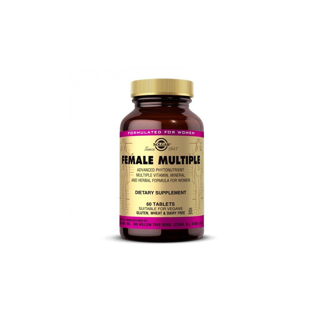 A brown bottle of "Female Multiple 60 Tablets" by Solgar contains a dietary supplement loaded with vitamins, minerals, and a specialized herbal formula tailored for women. The cream and purple packaging is eye-catching on any shelf.