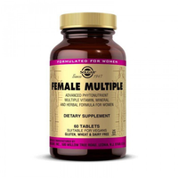 Thumbnail for The Solgar Female Multiple 60 Tablets comes in a brown bottle and contains vegan, gluten-free tablets specifically formulated as a comprehensive multivitamin for women. This dietary supplement supports women's health and is free from both wheat and dairy.