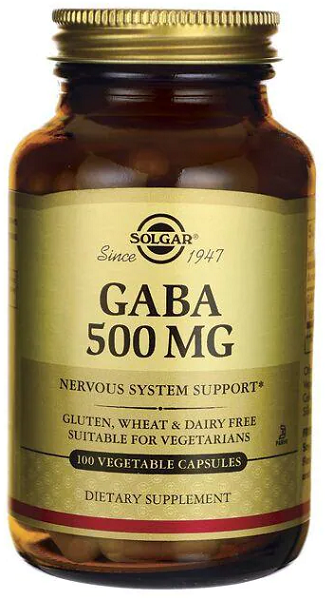 Un flacone di Solgar GABA 500 mg 100 capsule vegetali.