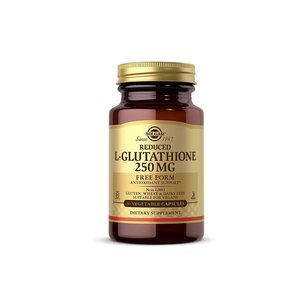 Un flacone di Solgar capsule di L-Glutatione ridotto da 250 mg, un integratore antiossidante.