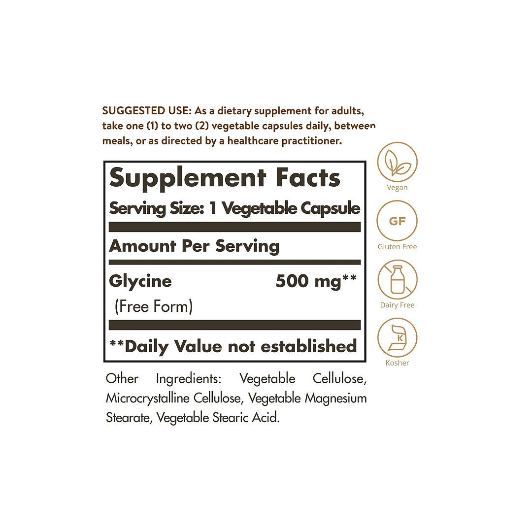 Un'etichetta di Solgar's Glycine 500 mg 100 Vegetable Capsules, un integratore che contiene ginkgo biloba.