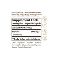 Miniatura di un'etichetta di Solgar's Glycine 500 mg 100 Vegetable Capsules, un integratore che contiene ginkgo biloba.